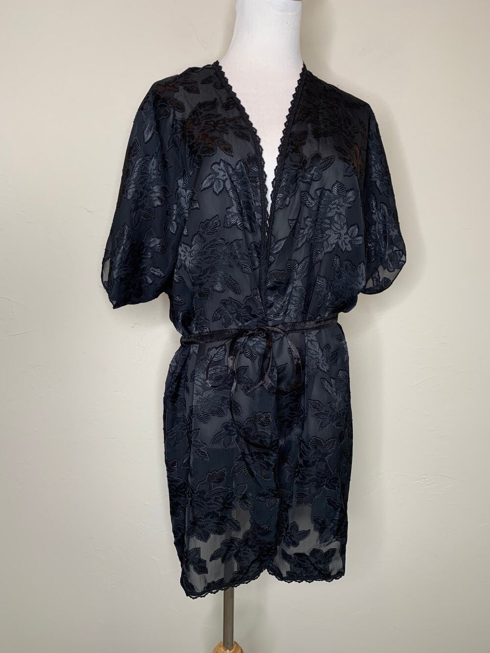 Vintage Black Satin Robe Floral Semisheer Fabric Sz Medium Dressing Gown
